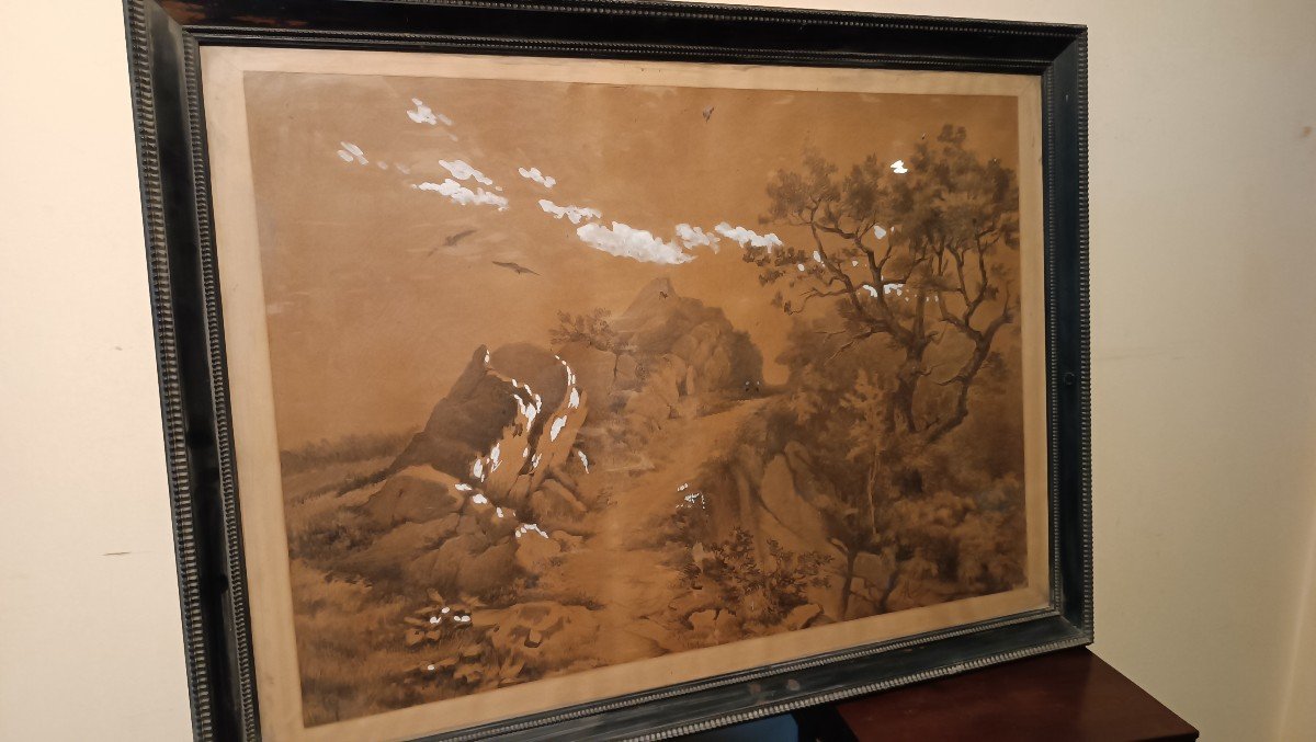 Large Landscape Painting, Mixed Media, 19th Century-photo-7