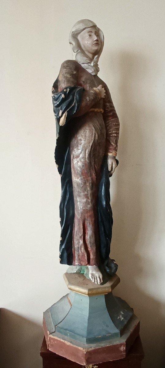 Large Ancient Polychrome Wooden Sculpture Of The Virgin Mary-photo-3