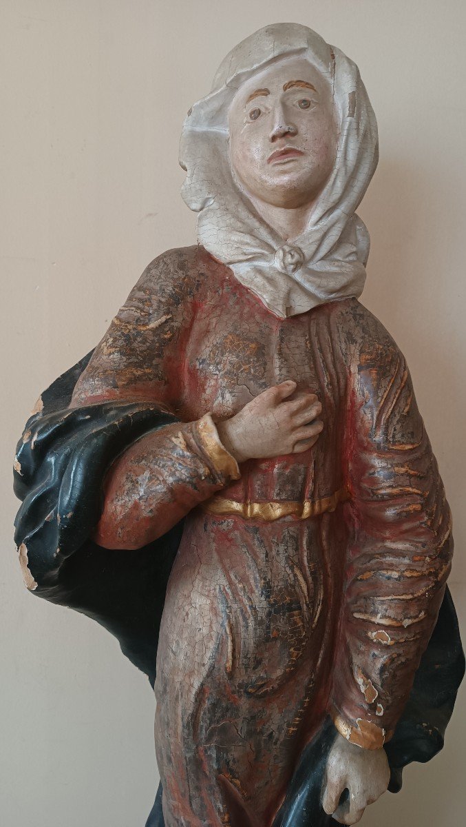 Large Ancient Polychrome Wooden Sculpture Of The Virgin Mary-photo-2