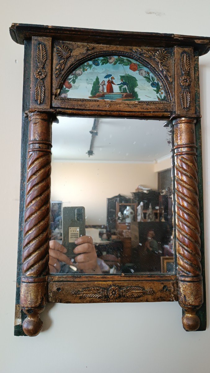 Petit Miroir Empire Ancien En Bois Doré Peint Sur Verre-photo-2