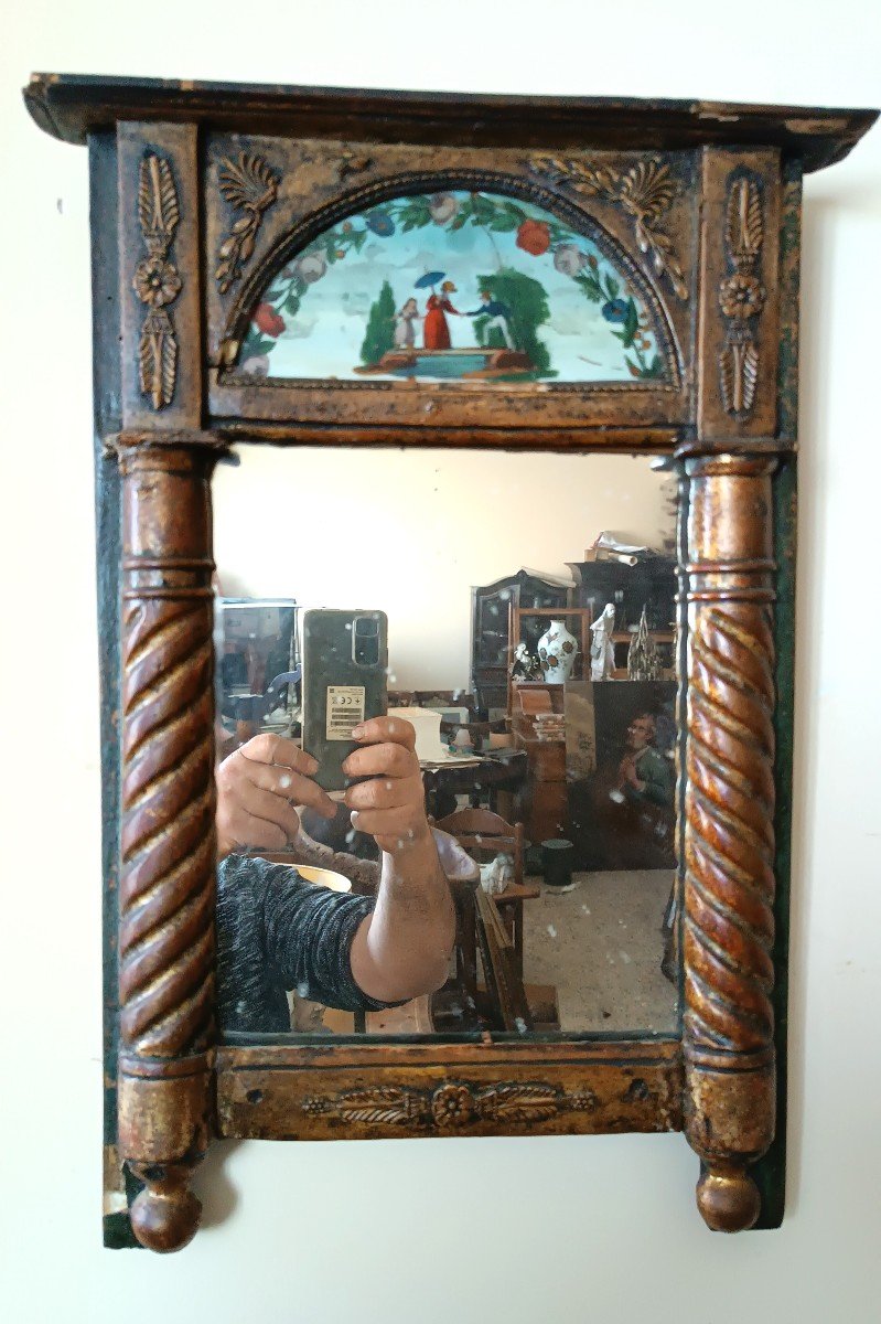 Petit Miroir Empire Ancien En Bois Doré Peint Sur Verre