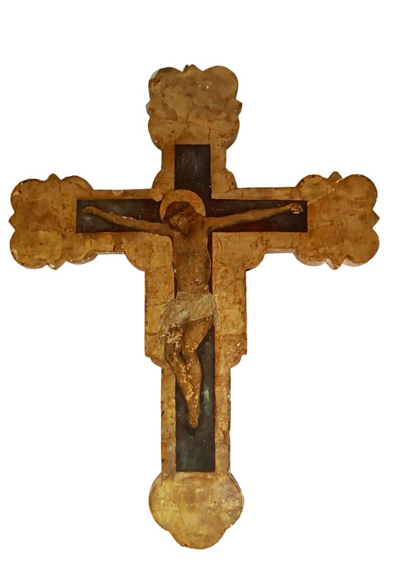 Peinture Sur Panneau Ancienne De La Crucifixion De La Crucifixion Du Christ Sur Fond Doré