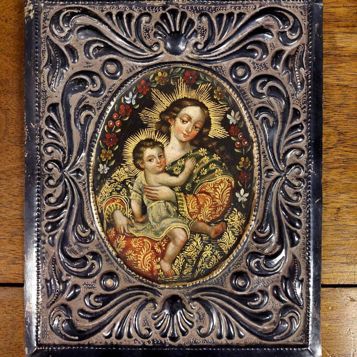 Old Silver Painting Of The Virgin And Child,-photo-2