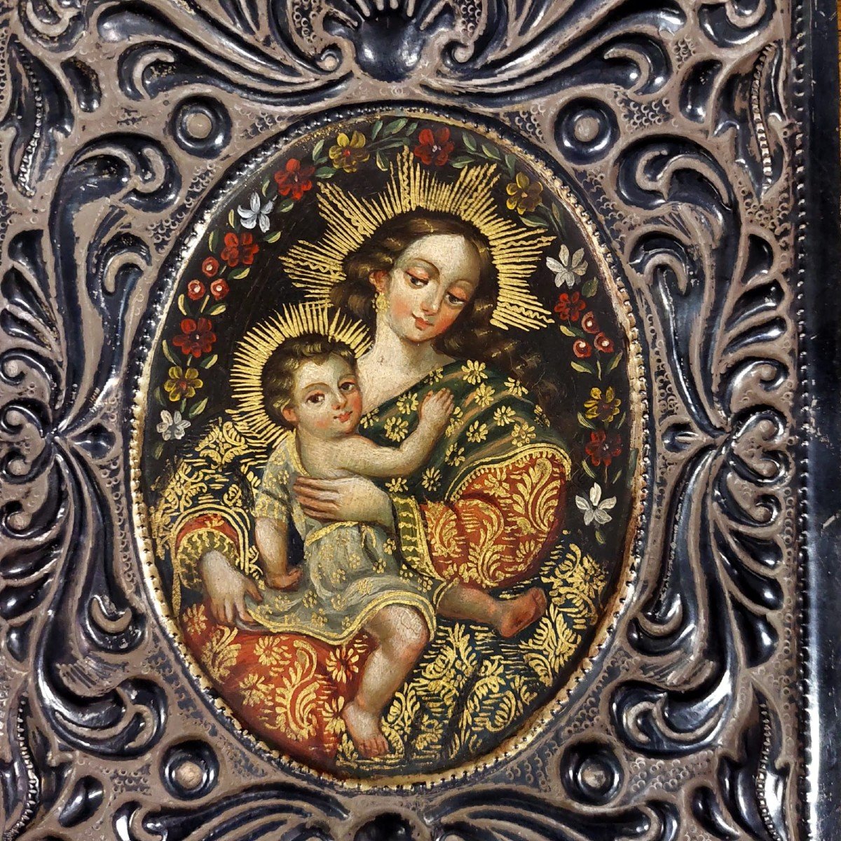 Old Silver Painting Of The Virgin And Child,-photo-3