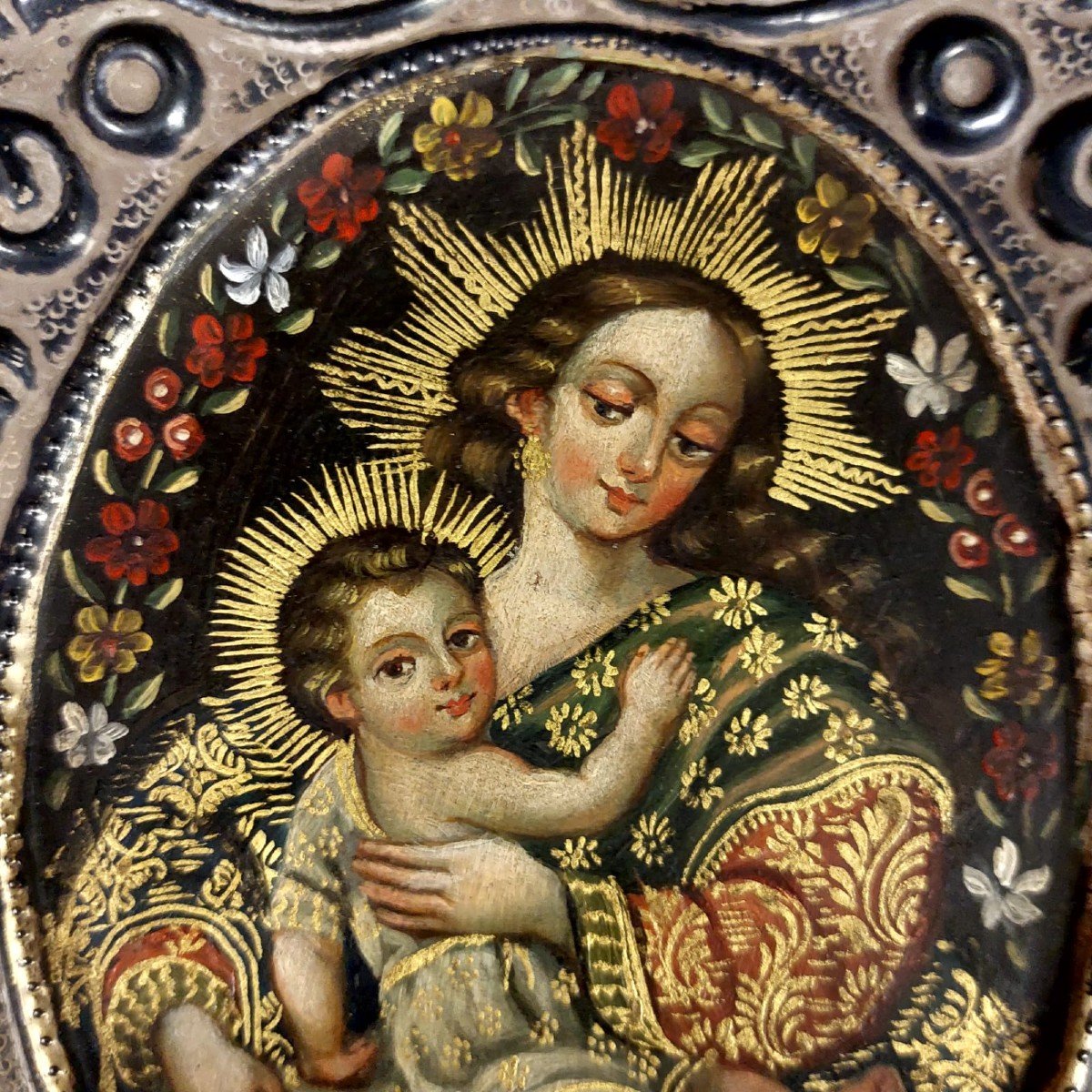 Tableau argentique ancien de la Vierge à l'enfant-photo-1