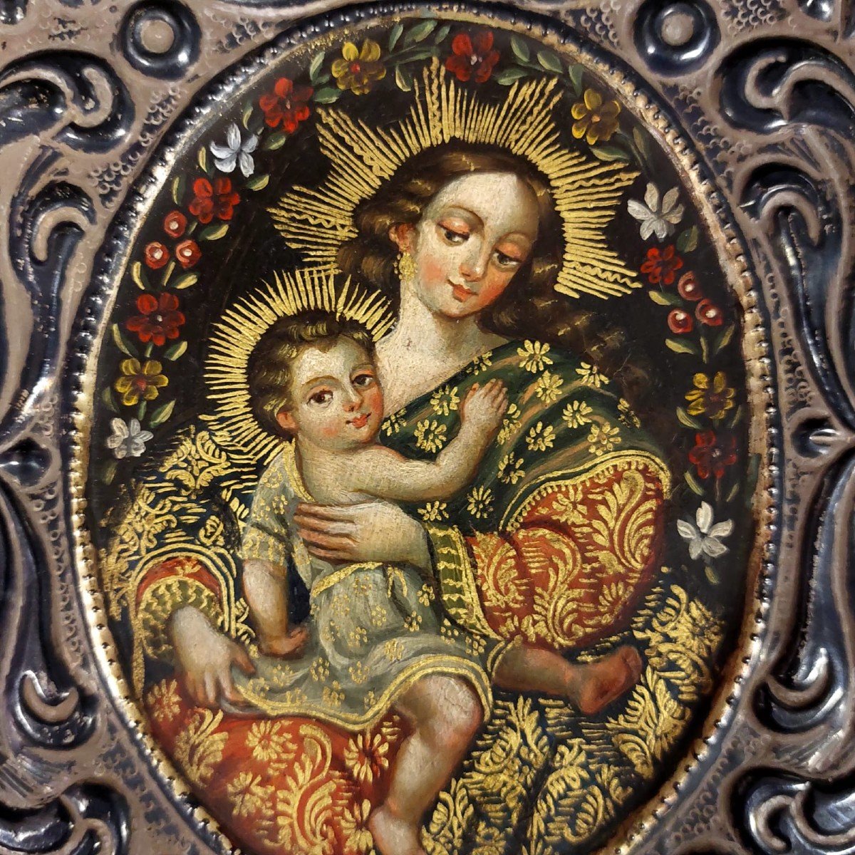 Tableau argentique ancien de la Vierge à l'enfant-photo-4