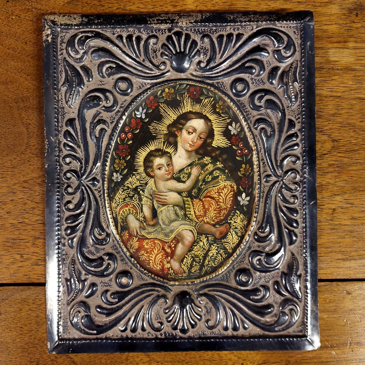 Old Silver Painting Of The Virgin And Child,-photo-6