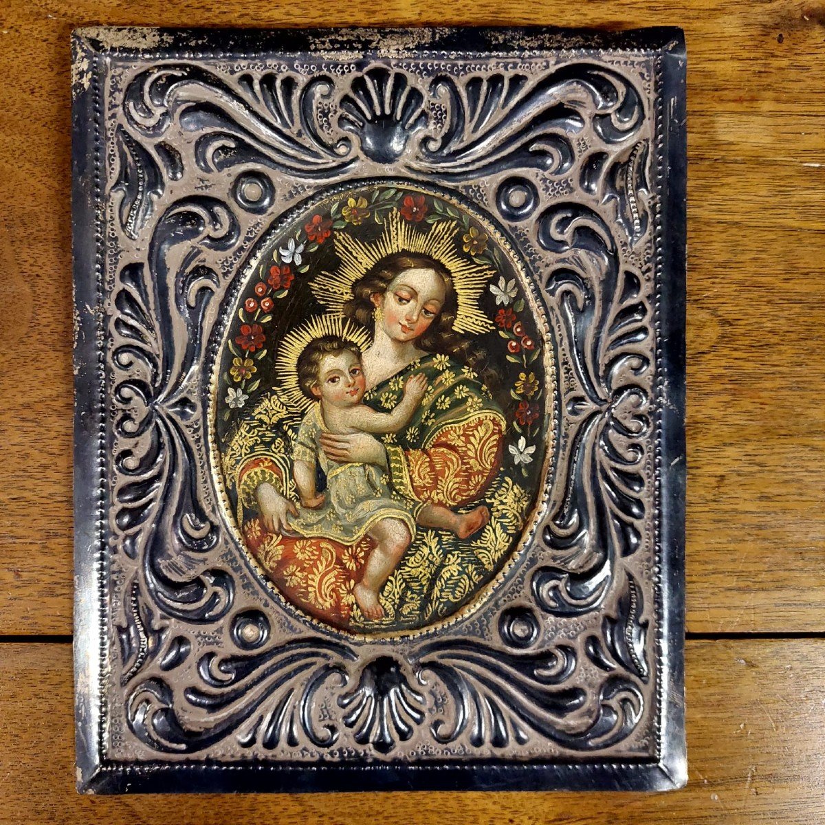 Tableau argentique ancien de la Vierge à l'enfant