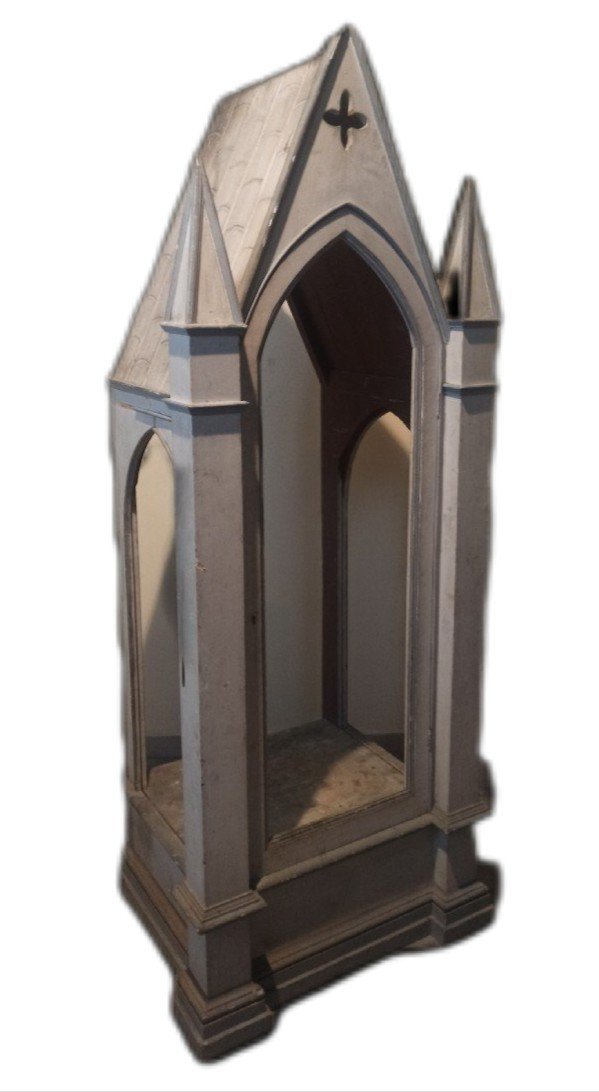 Tabernacle Vitrine Bois Peint Néo-gothique XIX Siecle