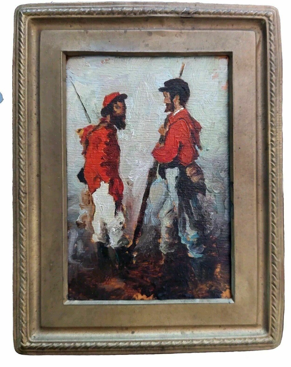 Peinture à l'Huile Sur Panneau Représentant Des Soldats De Garibaldi Du Début Des Années 1900 E