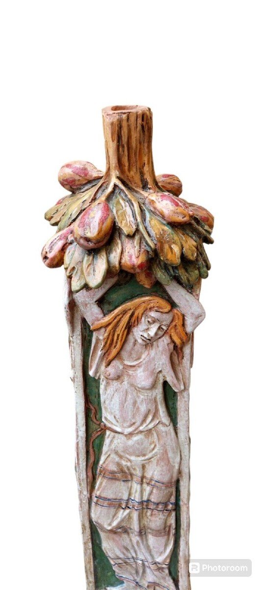 Grande Sculpture En Terre Cuite Vitrée Début Années 1900 Pied De Lampe 95 Cm-photo-3