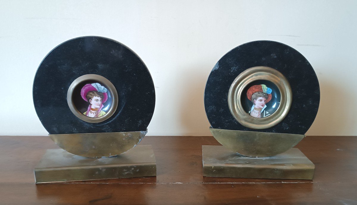 Pair Of Miniatures Painted On A Marble Frame From The 1920s, France