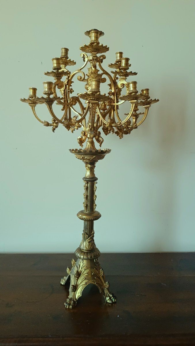 Large Mercury-gilt Bronze Candlestick, 15 Lights, Second Half Of The 19th Century-photo-2