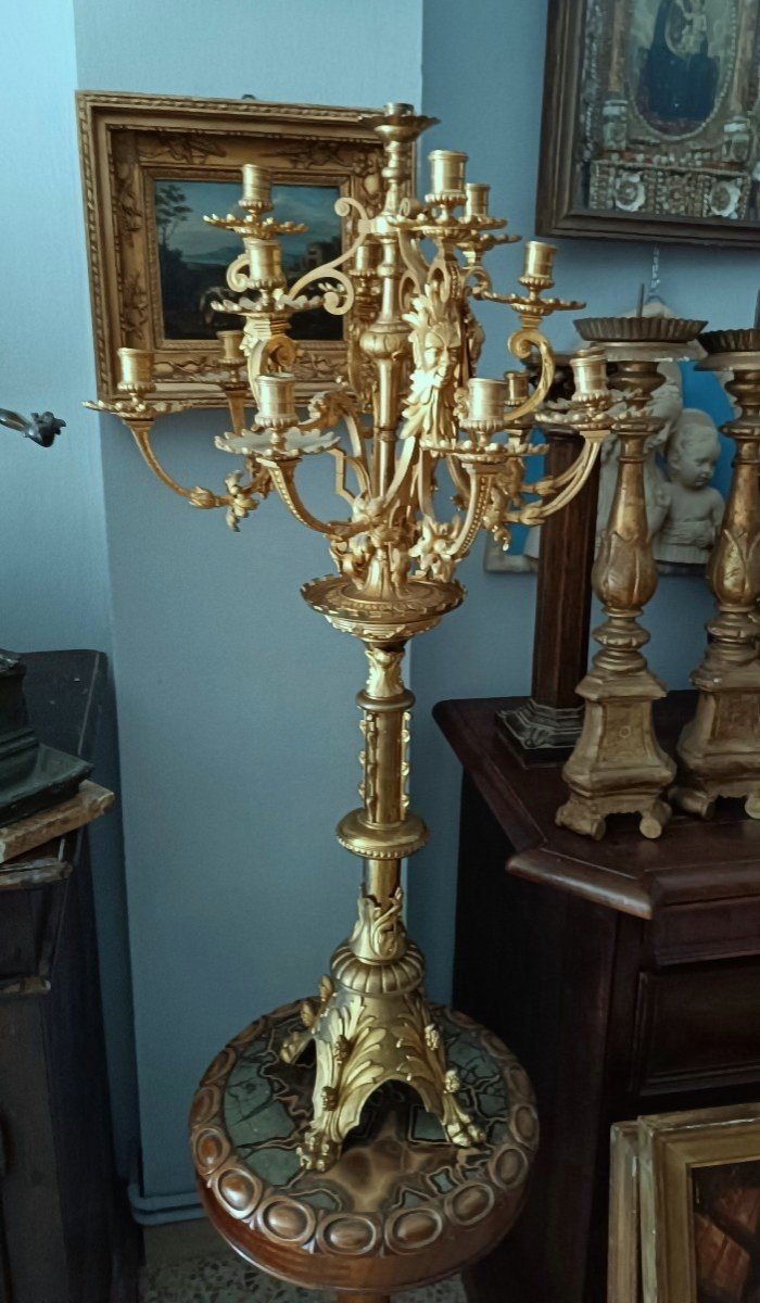 Large Mercury-gilt Bronze Candlestick, 15 Lights, Second Half Of The 19th Century