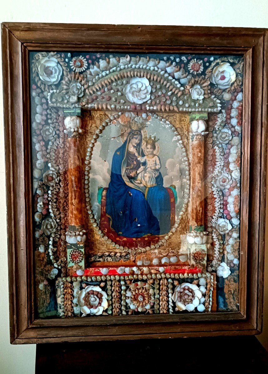 Large Execution Of The Madonna In A Coral Casket And Shells, 19th Century 