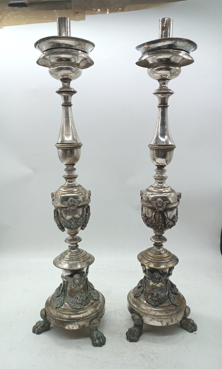 Pair Of Early 19th Century Empire Style Silvered Bronze Candlesticks-photo-2