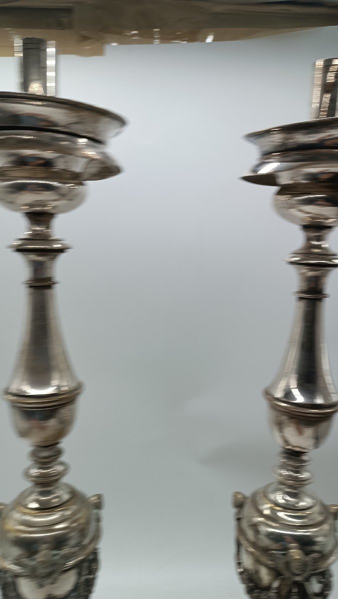 Pair Of Early 19th Century Empire Style Silvered Bronze Candlesticks-photo-3