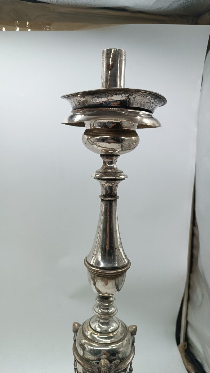 Pair Of Early 19th Century Empire Style Silvered Bronze Candlesticks-photo-5