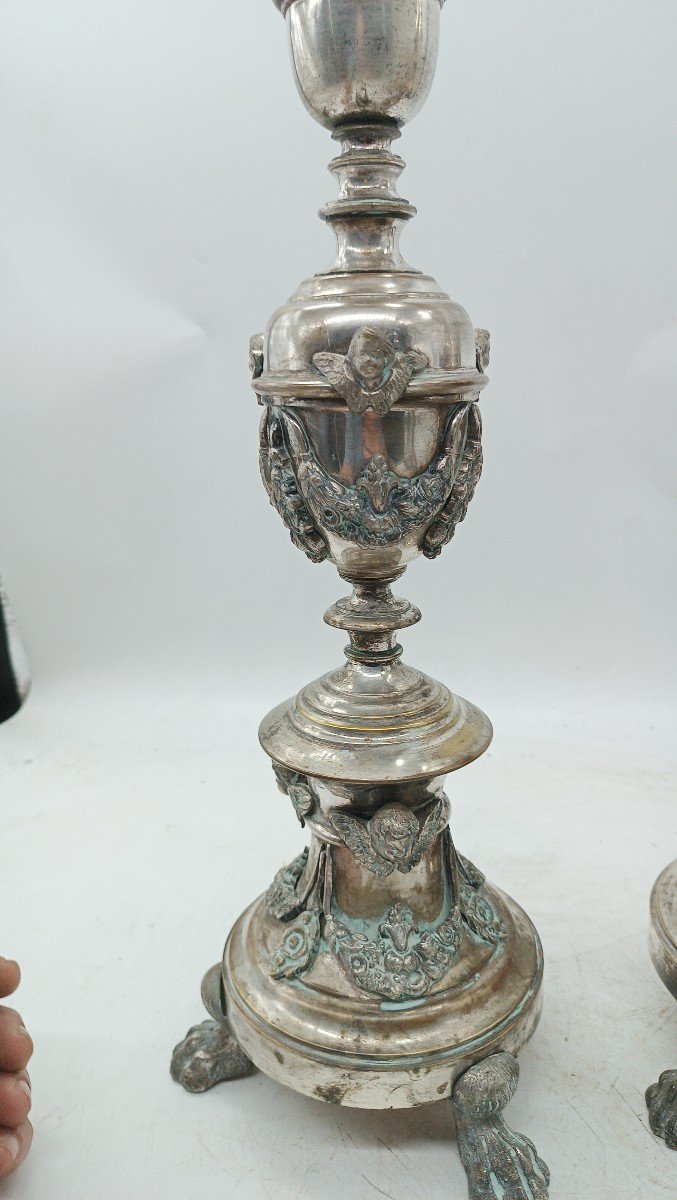 Pair Of Early 19th Century Empire Style Silvered Bronze Candlesticks-photo-6