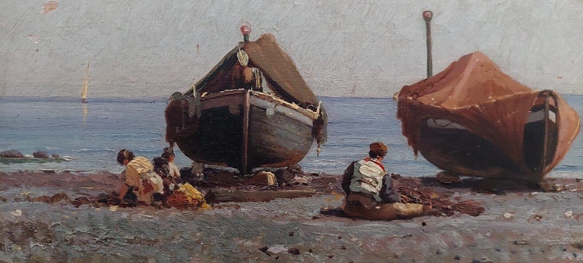 Ancient Painting On Wood Naples Augusto Corelli ((rome 1853 - 1918) Fishermen-photo-2