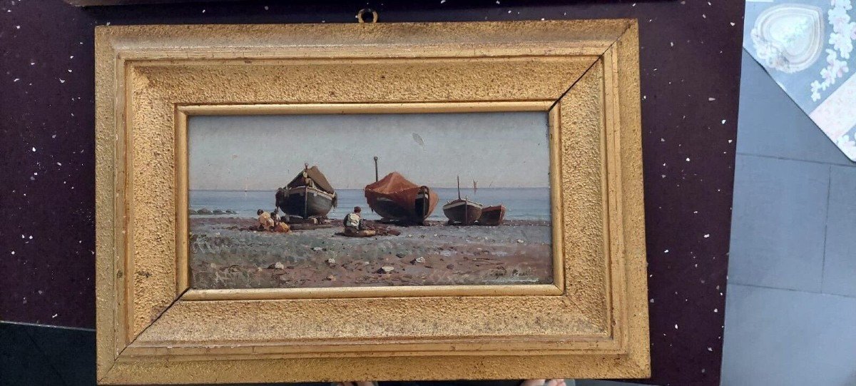 Ancient Painting On Wood Naples Augusto Corelli ((rome 1853 - 1918) Fishermen-photo-3