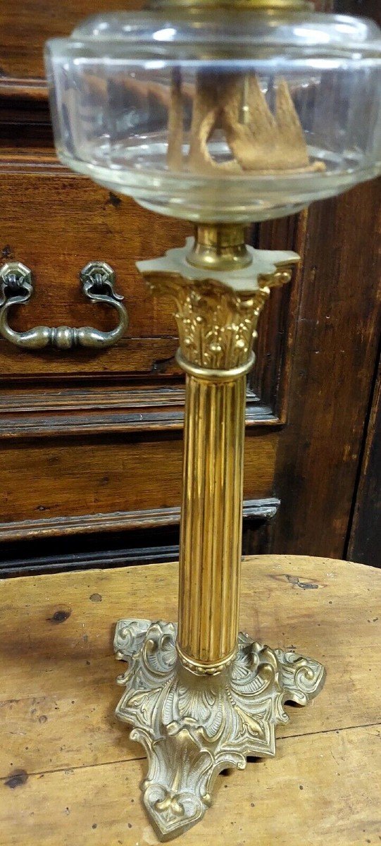 Antique Oil Lamp Gilt Bronze Painted Glass 19th Century Original-photo-4