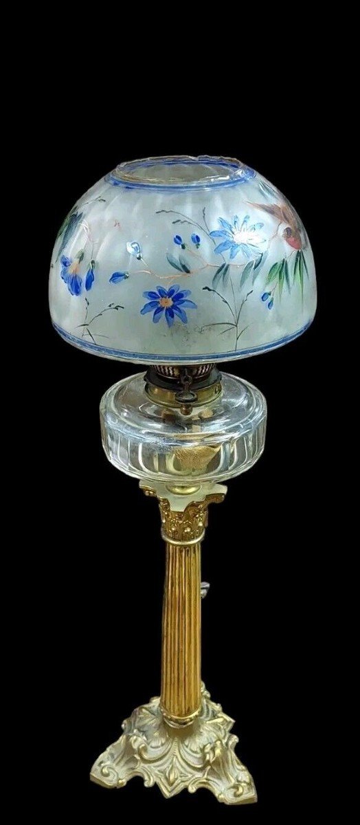 Antique Oil Lamp Gilt Bronze Painted Glass 19th Century Original