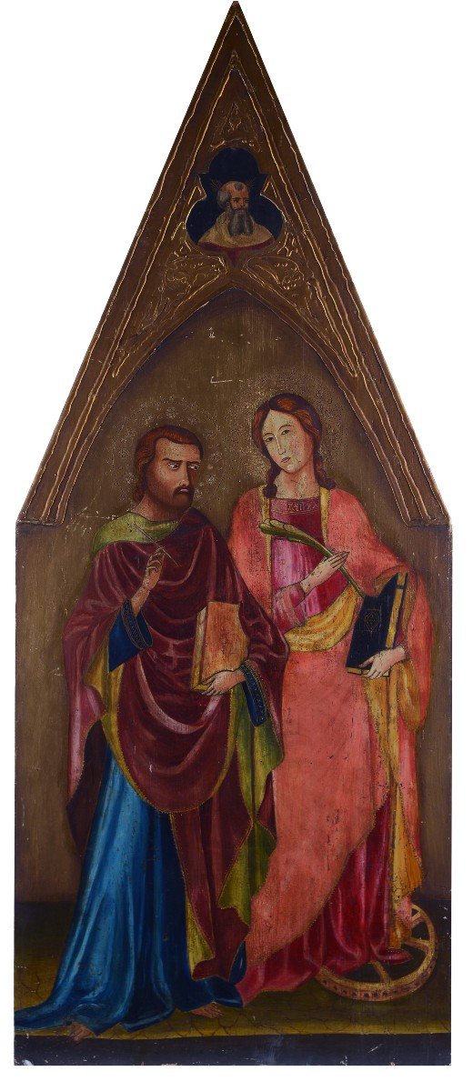 Peinture à La Détrempe Ancienne Sur Panneau Avec Des Saints, 19ème Siècle