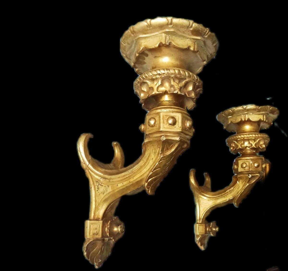 Large Antique Pair Of Gilded Wood Sconces