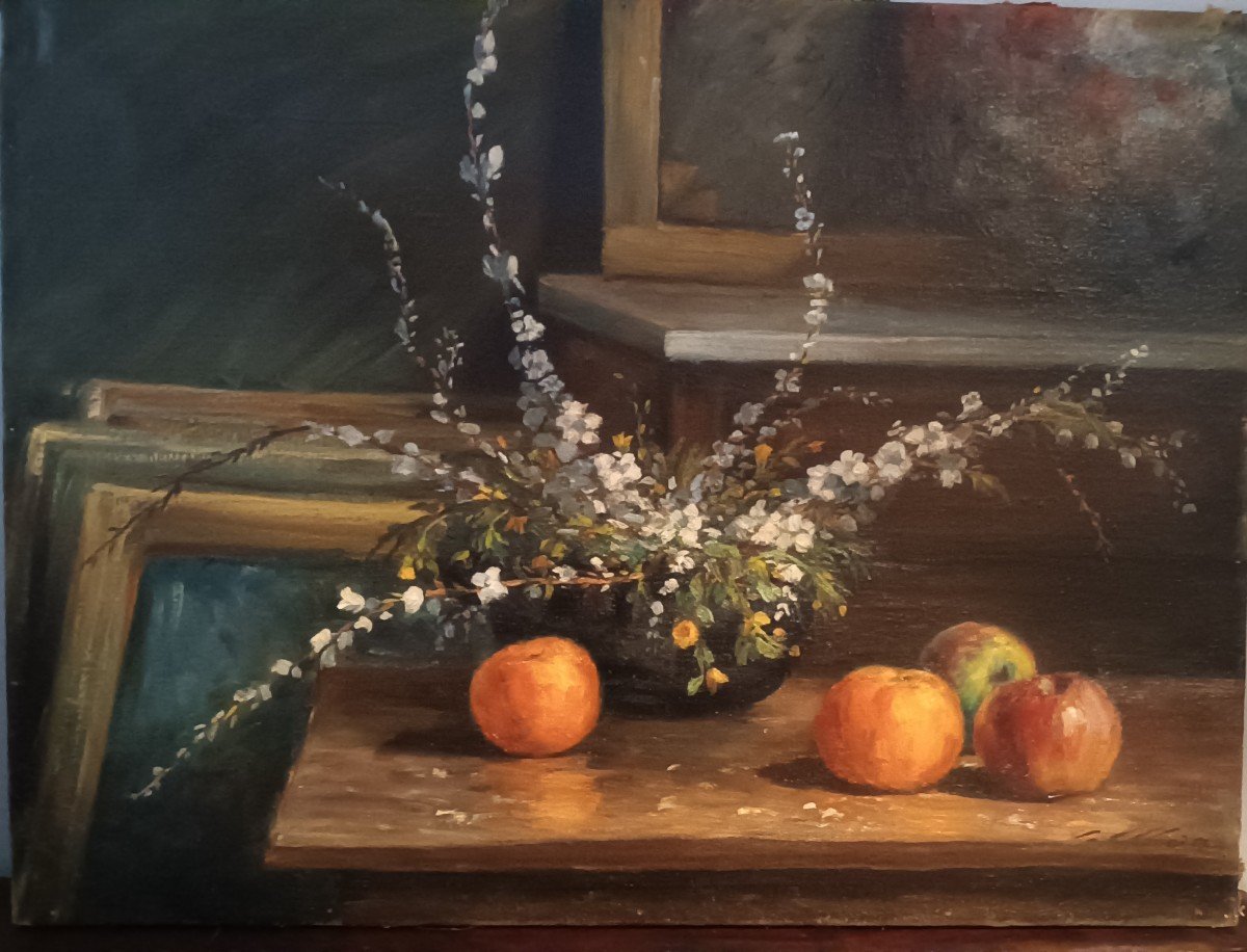 Oil Painting On Canvas Flowers And Fruit U.masi 80x60 1930s-photo-2