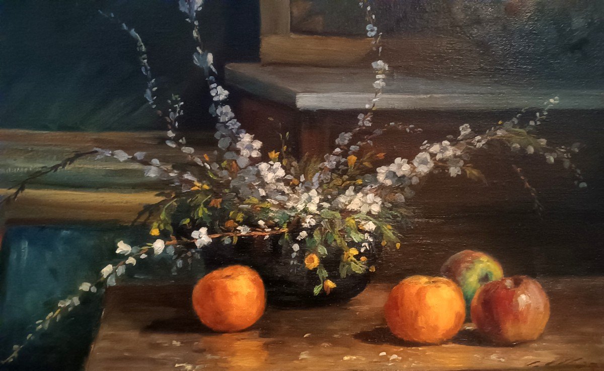 Oil Painting On Canvas Flowers And Fruit U.masi 80x60 1930s-photo-3