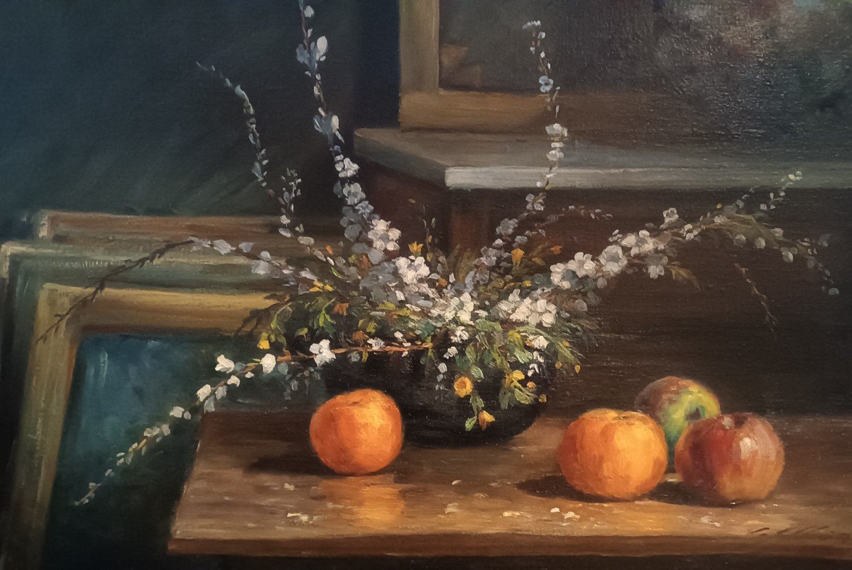 Oil Painting On Canvas Flowers And Fruit U.masi 80x60 1930s-photo-4