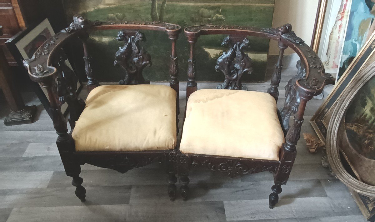 Pair Of Antique Renaissance Style Corner Armchairs, Late 19th Century Florence-photo-2