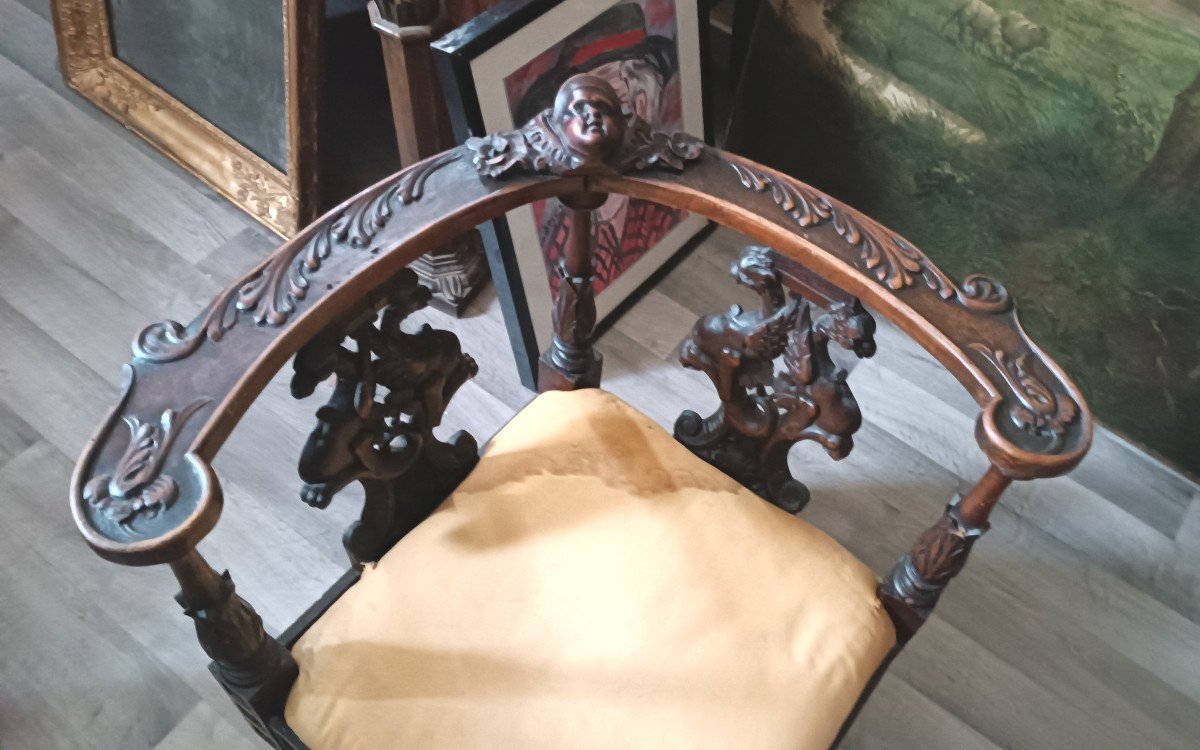 Pair Of Antique Renaissance Style Corner Armchairs, Late 19th Century Florence-photo-2