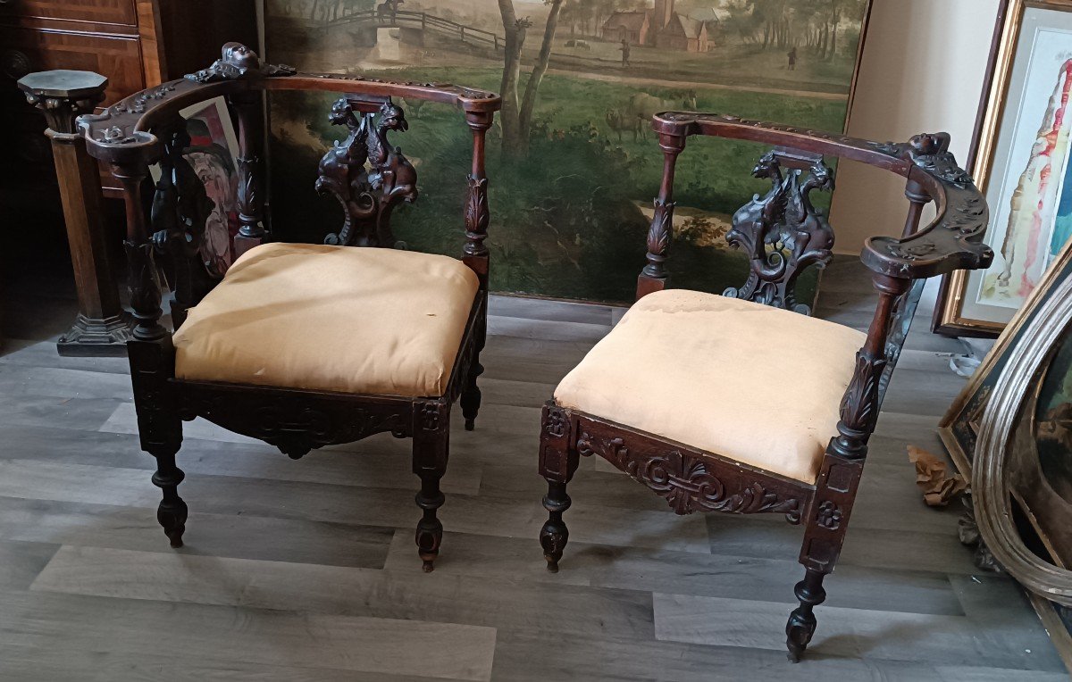 Pair Of Antique Renaissance Style Corner Armchairs, Late 19th Century Florence