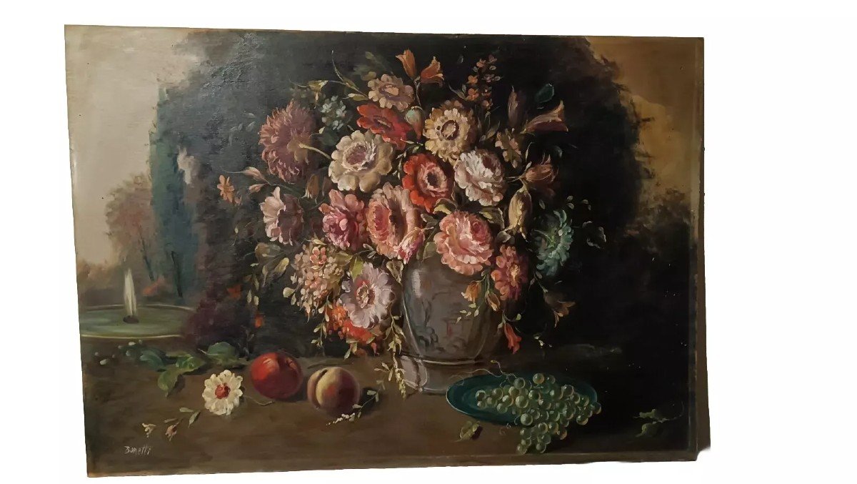 Peinture à l'Huile Florale Sur Contreplaqué Du Début Des Années 1900 Signée Bonetti