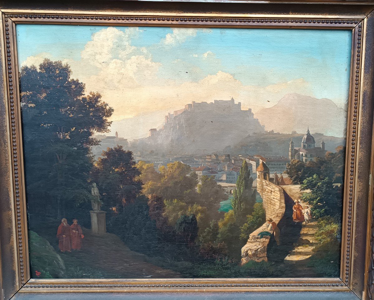 Grande Peinture à l'Huile Sur Toile d'Une Vue De Salzbourg Du 19ème Siècle-photo-4