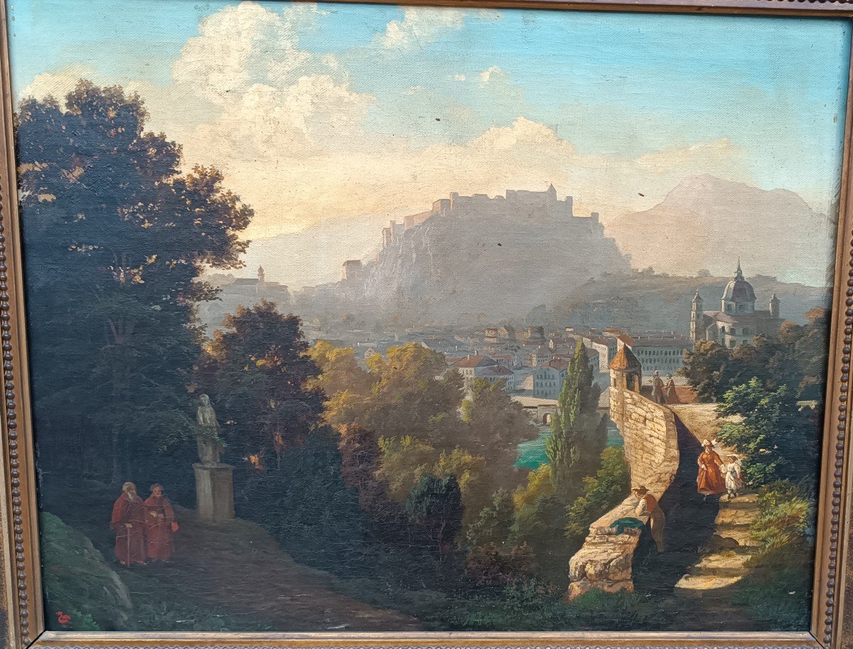 Grande Peinture à l'Huile Sur Toile d'Une Vue De Salzbourg Du 19ème Siècle-photo-1