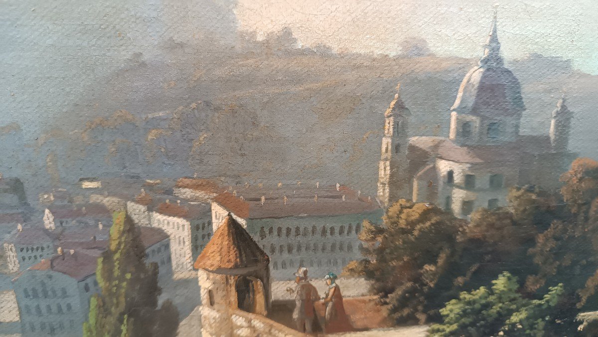 Grande Peinture à l'Huile Sur Toile d'Une Vue De Salzbourg Du 19ème Siècle-photo-4