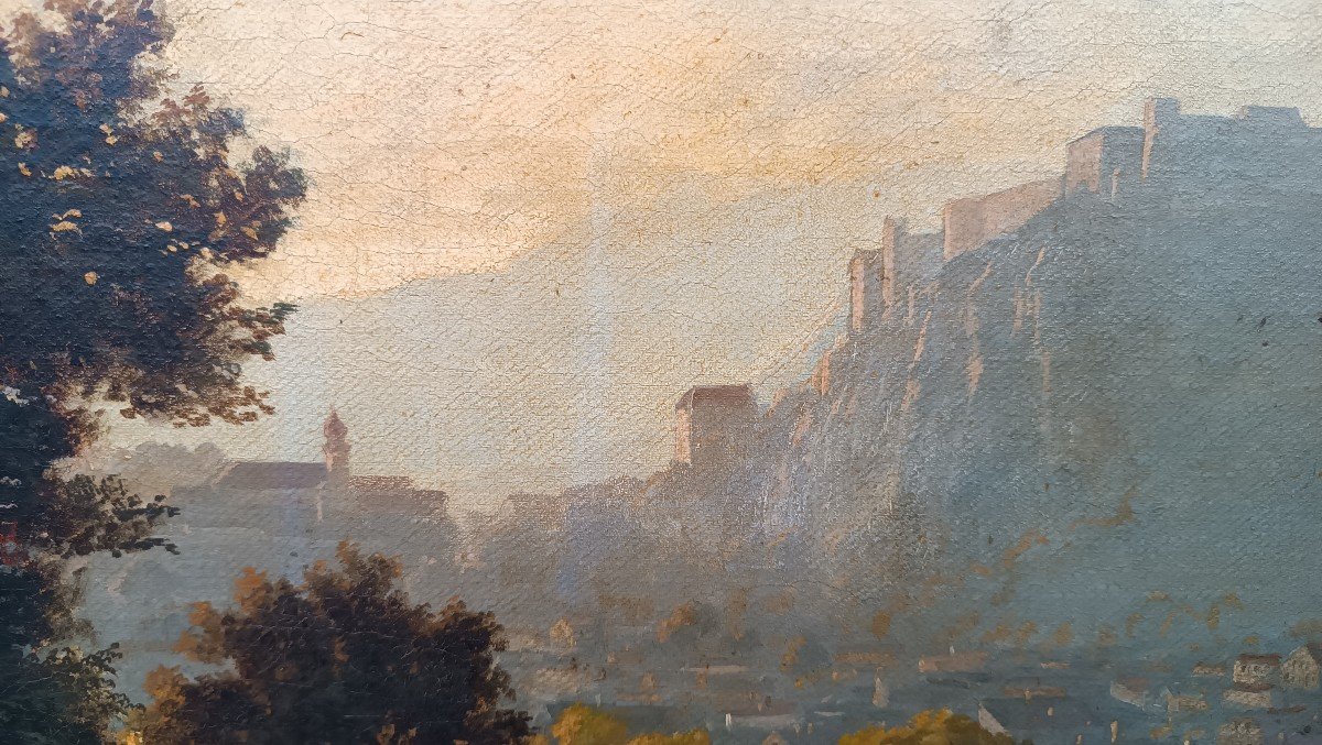 Grande Peinture à l'Huile Sur Toile d'Une Vue De Salzbourg Du 19ème Siècle-photo-5