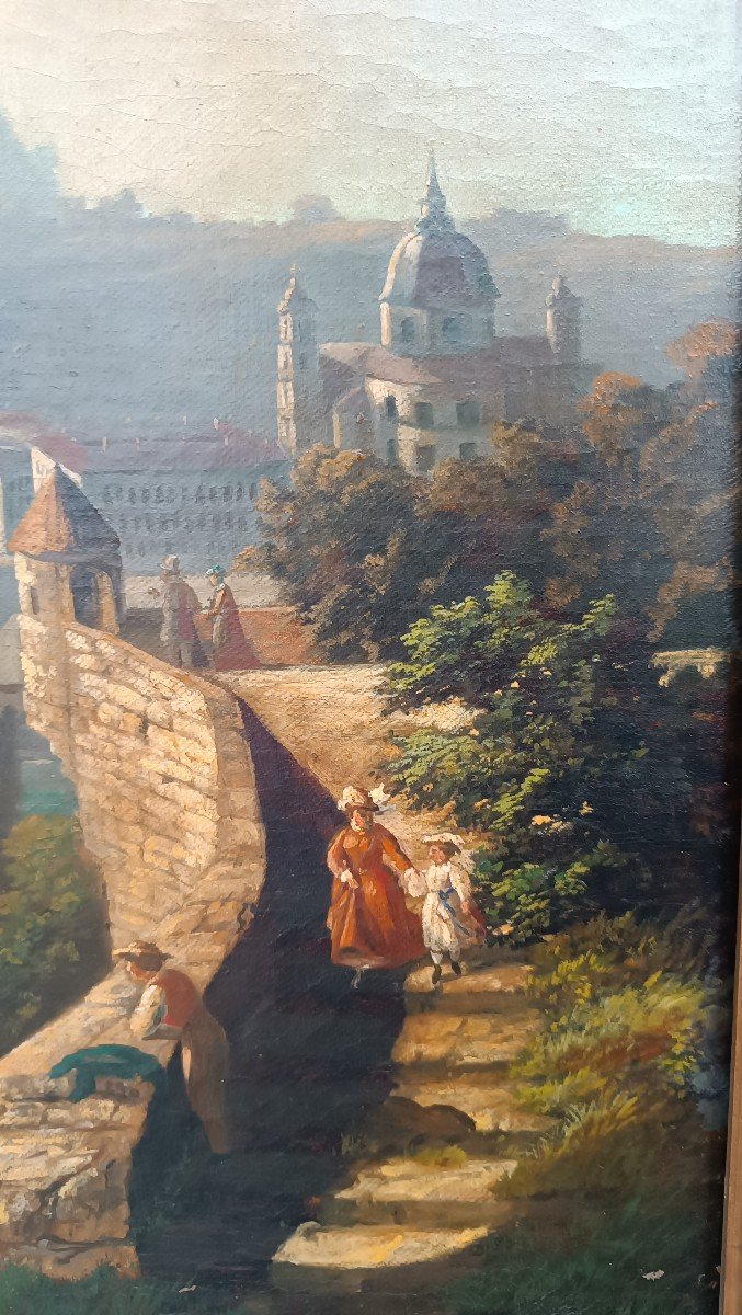 Grande Peinture à l'Huile Sur Toile d'Une Vue De Salzbourg Du 19ème Siècle-photo-7