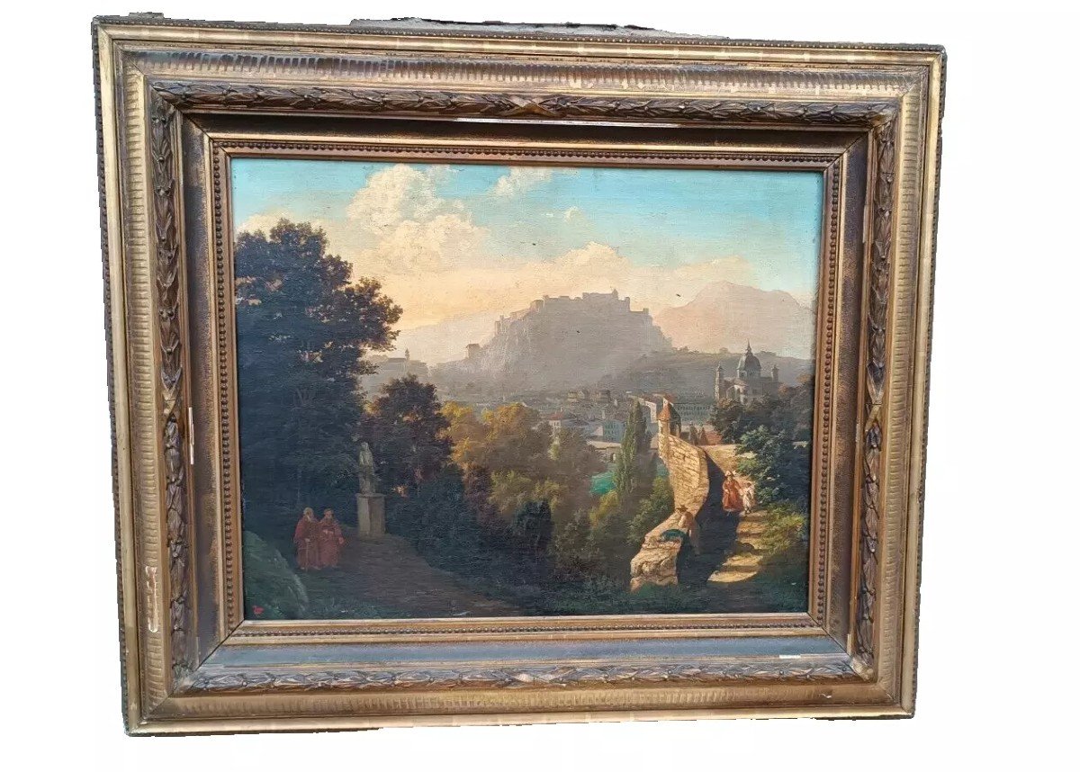 Grande Peinture à l'Huile Sur Toile d'Une Vue De Salzbourg Du 19ème Siècle