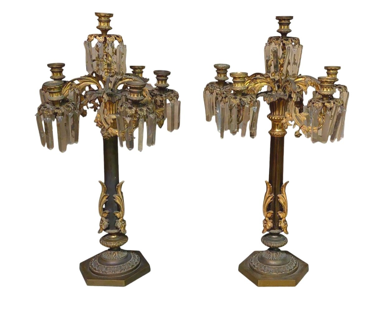 Pair Of Important Large Six-light Candlesticks In Chiselled Bronze 