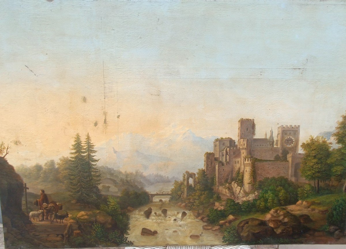 Grand Tableau Ancien Paysage De Château, Huile Sur Toile Signé Kraft 1850-photo-3