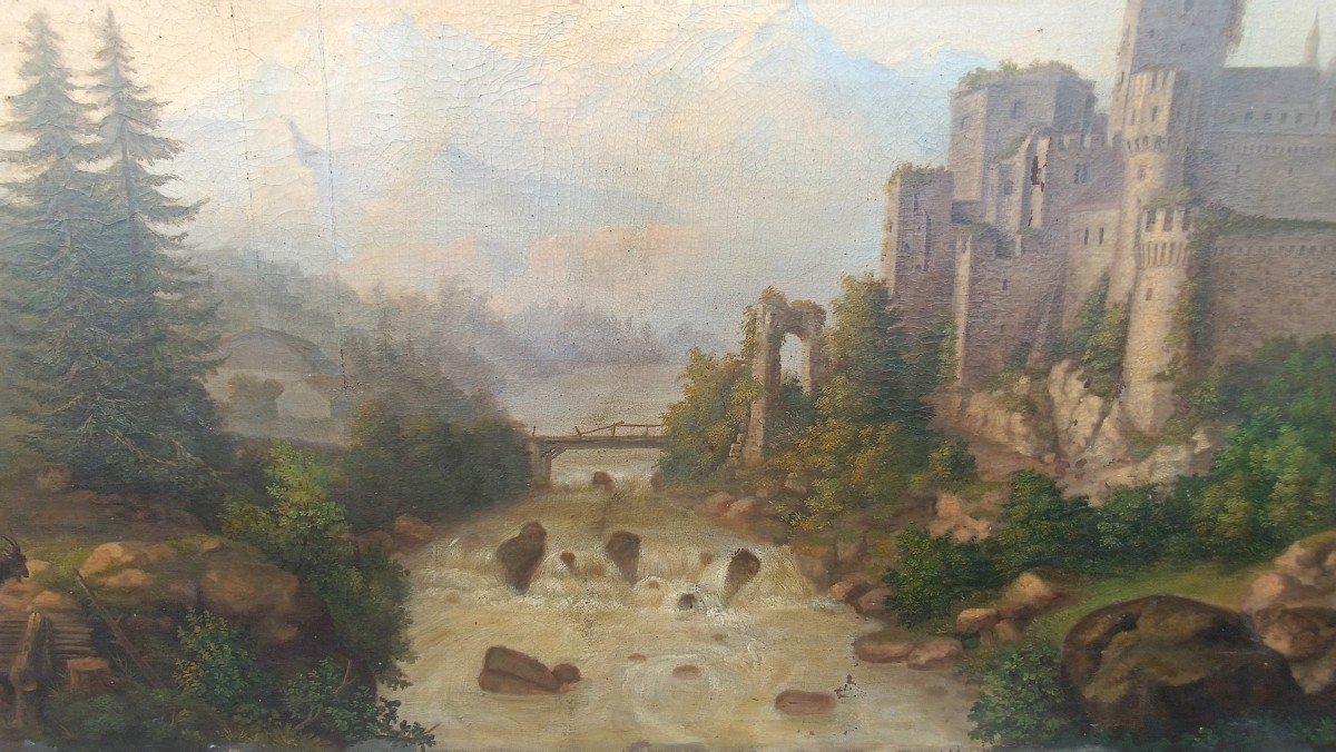 Grand Tableau Ancien Paysage De Château, Huile Sur Toile Signé Kraft 1850-photo-4