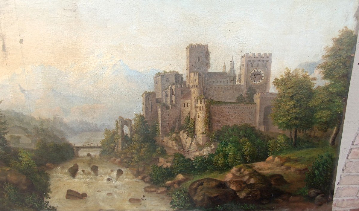 Grand Tableau Ancien Paysage De Château, Huile Sur Toile Signé Kraft 1850-photo-1