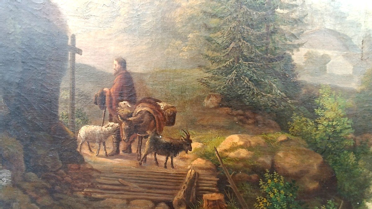 Grand Tableau Ancien Paysage De Château, Huile Sur Toile Signé Kraft 1850-photo-3