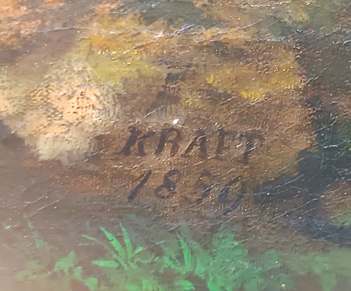 Grand Tableau Ancien Paysage De Château, Huile Sur Toile Signé Kraft 1850-photo-4