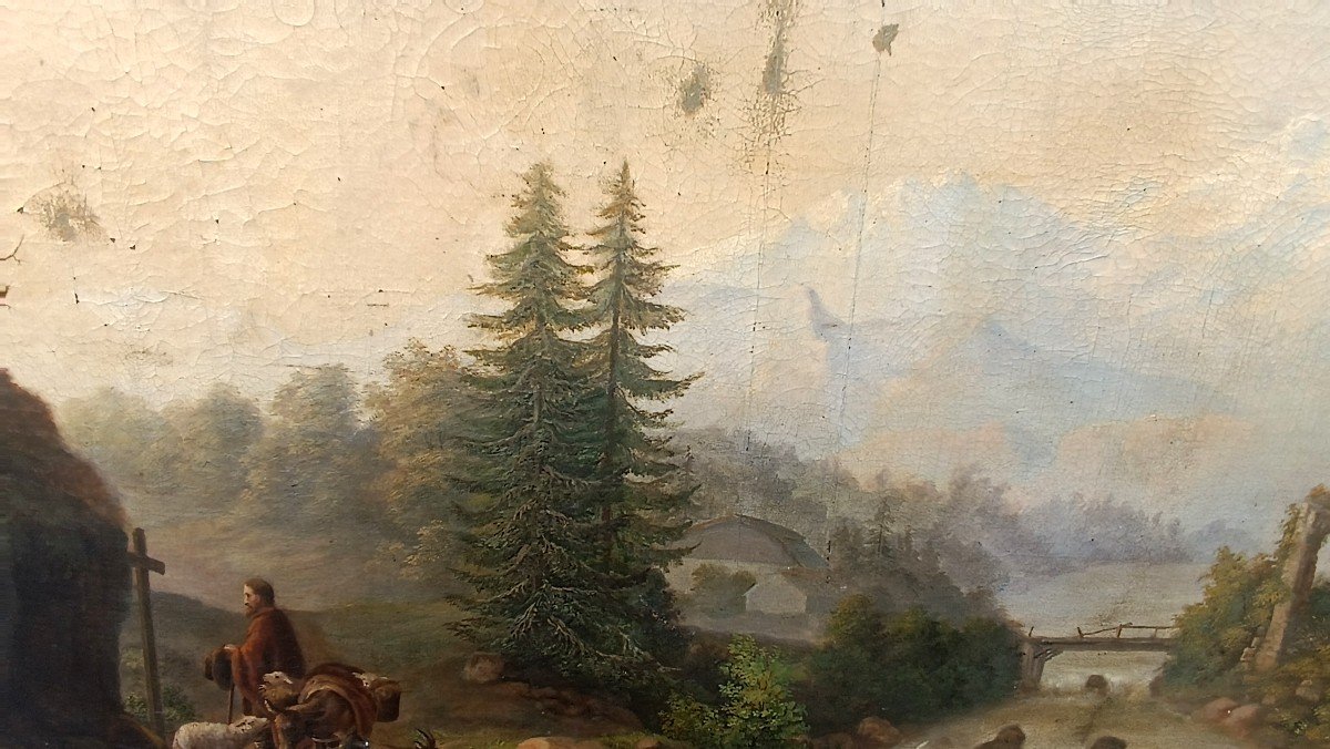 Grand Tableau Ancien Paysage De Château, Huile Sur Toile Signé Kraft 1850-photo-5