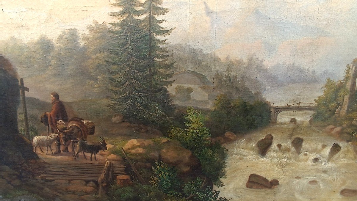 Grand Tableau Ancien Paysage De Château, Huile Sur Toile Signé Kraft 1850-photo-6